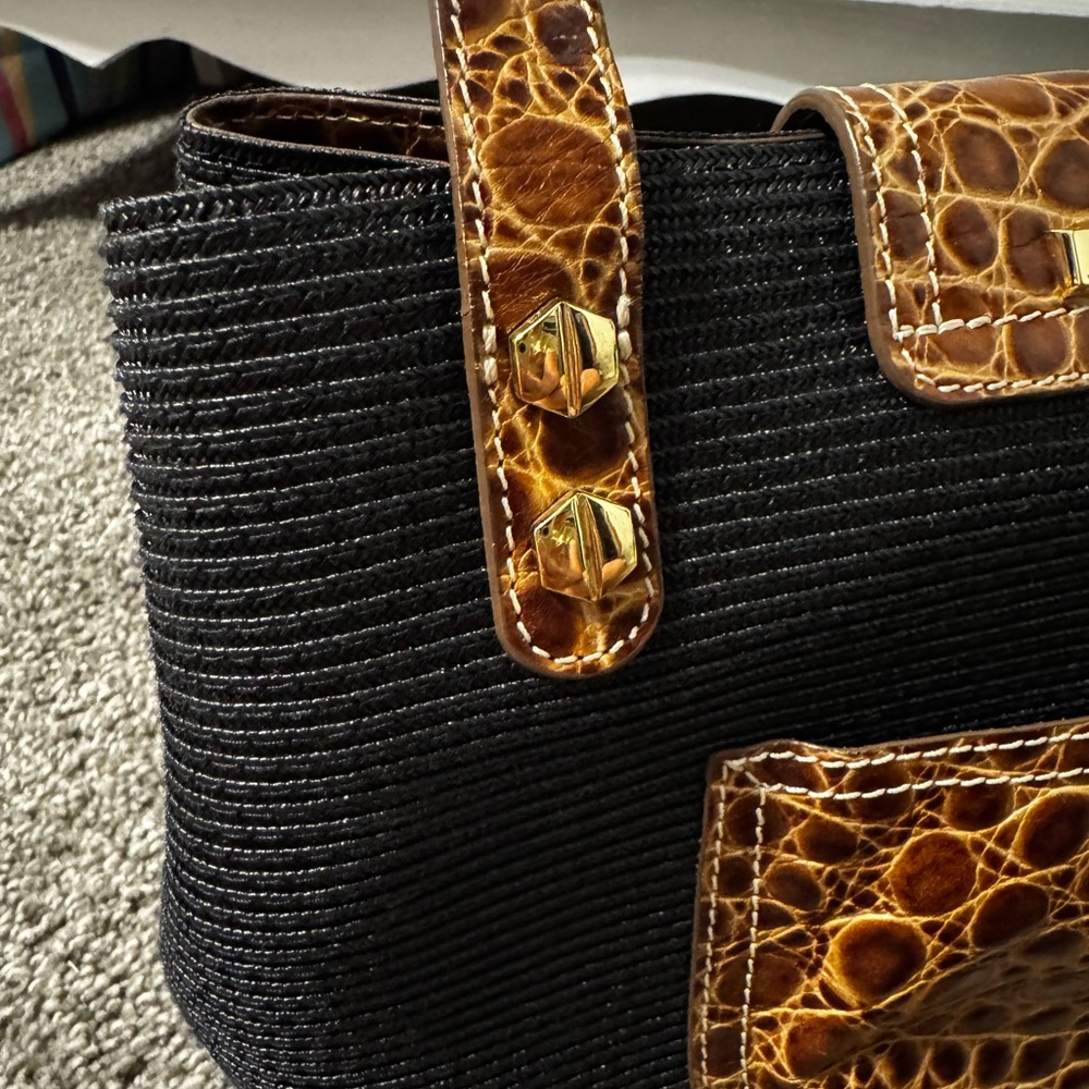 Eric Javits Black Island Tote Bag with Brown Croc-Trim and Gold Hardware - Picture 9 of 12